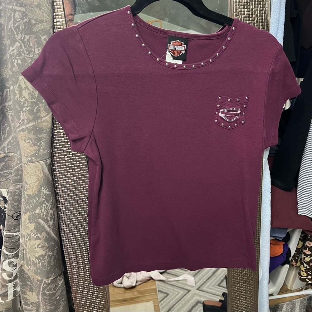 Harley-Davidson Women's Plum Studded Pocket Tee - Deep Berry
